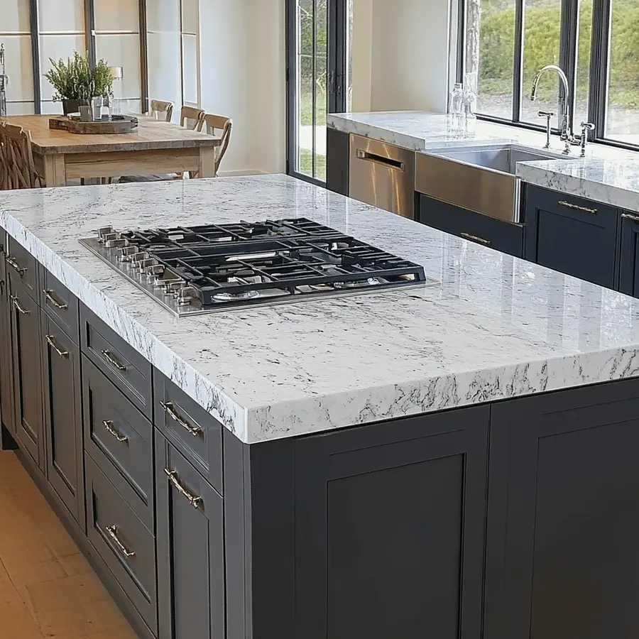 Modern kitchen island with a Bianco Romano granite countertop