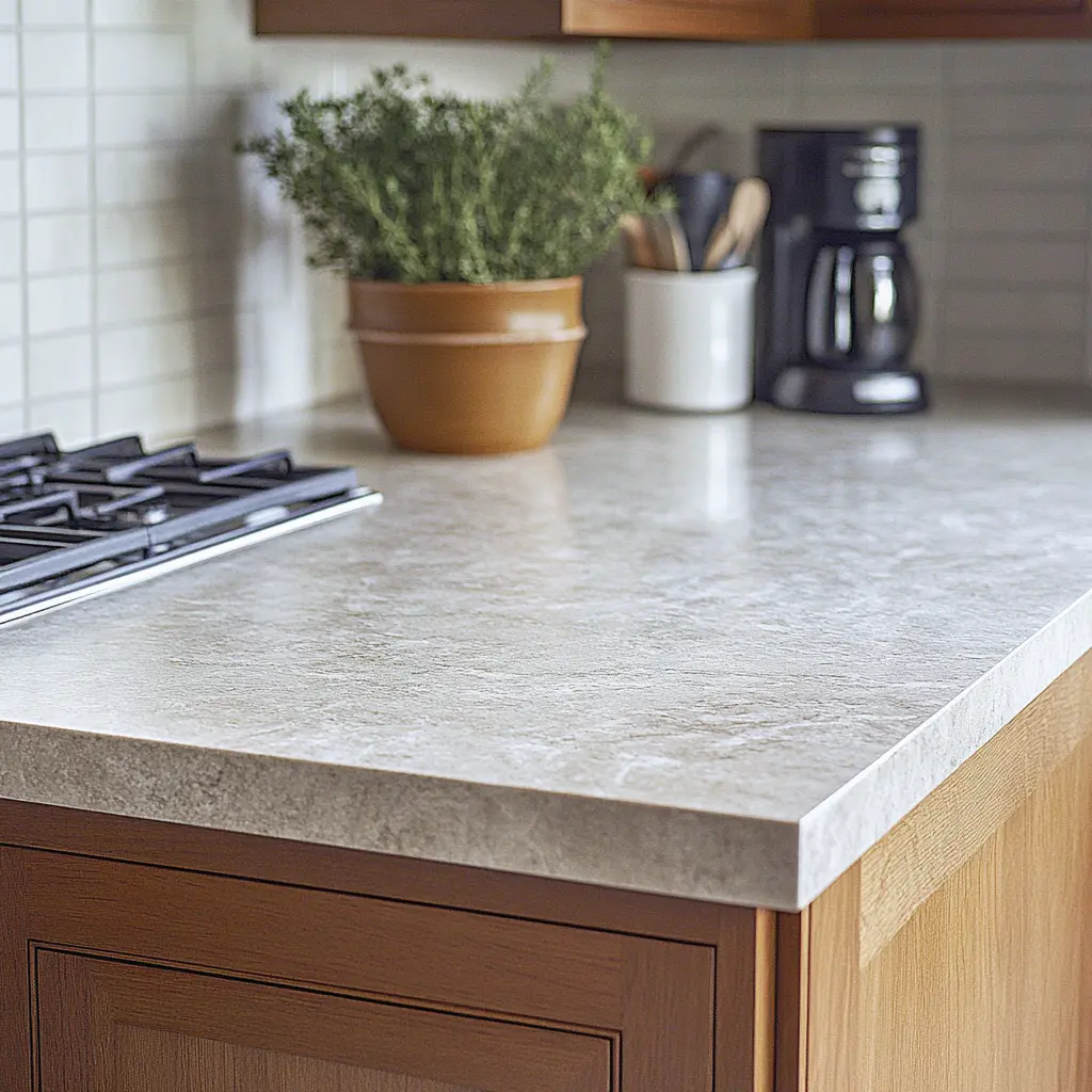 Gray Lagoon Quartz countertop with natural wood cabinetry in kitchen