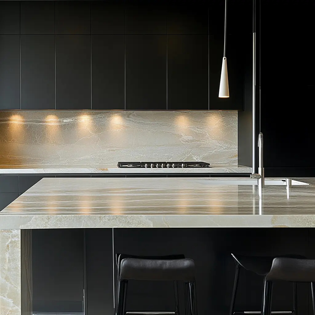 Modern kitchen with Nacarado quartzite countertop and sleek black cabinets