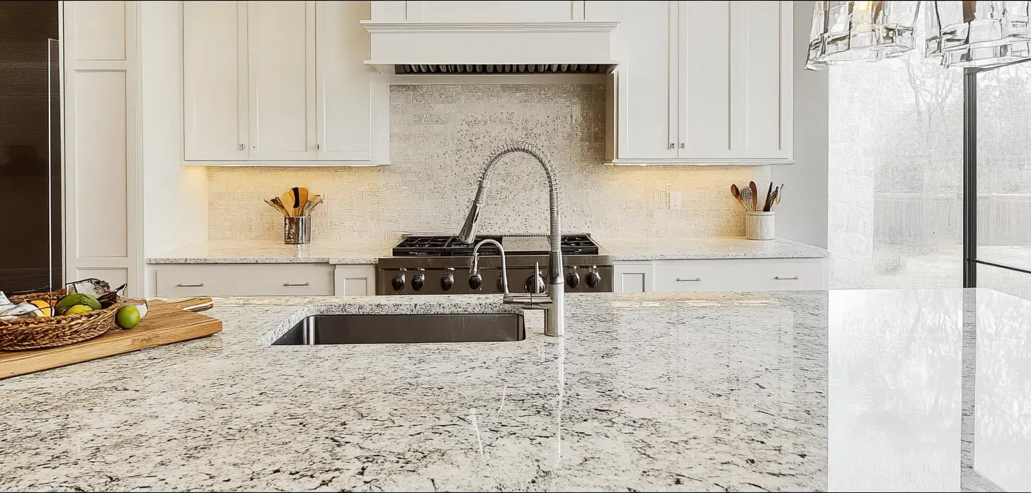 Modern kitchen featuring White Delicatus Granite countertops