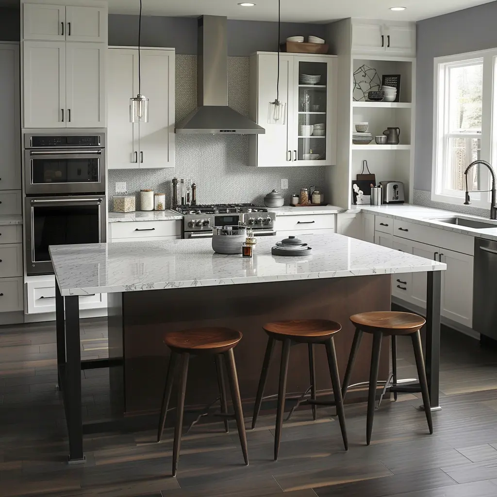 Modern kitchen featuring Lyra Silestone quartz countertops, spacious island, barstools, and stainless steel appliances.