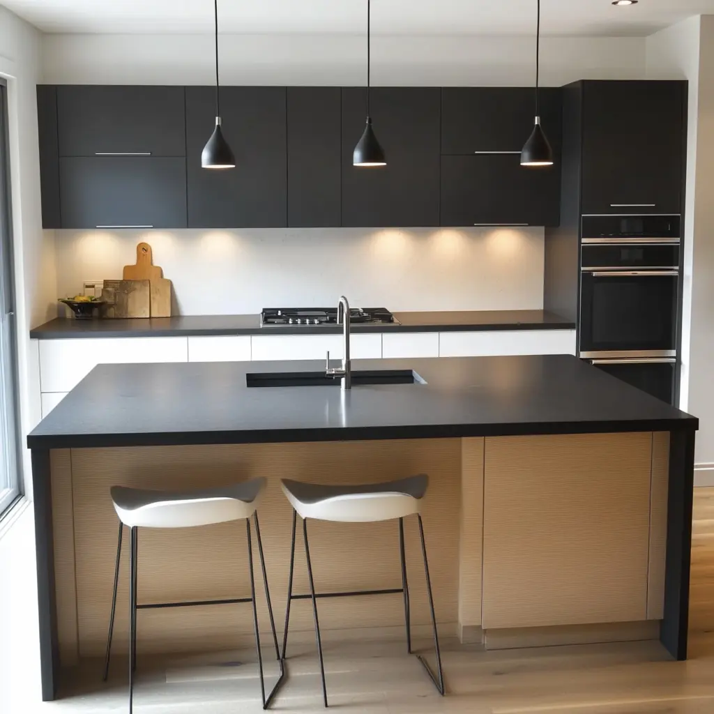 Modern kitchen with marengo silestone countertops and minimalist pendant lighting.