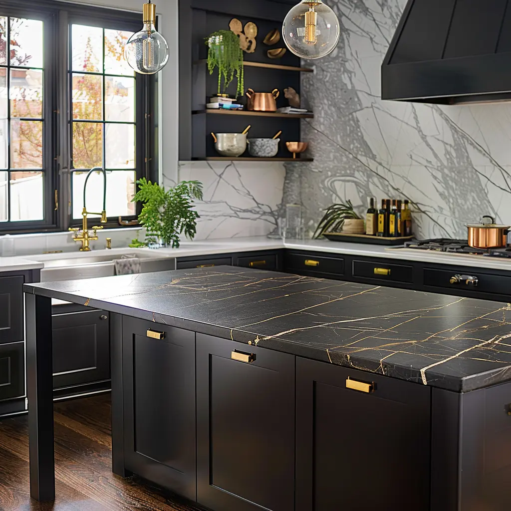 Modern kitchen with dark cabinetry, gold accents, and veined countertops.