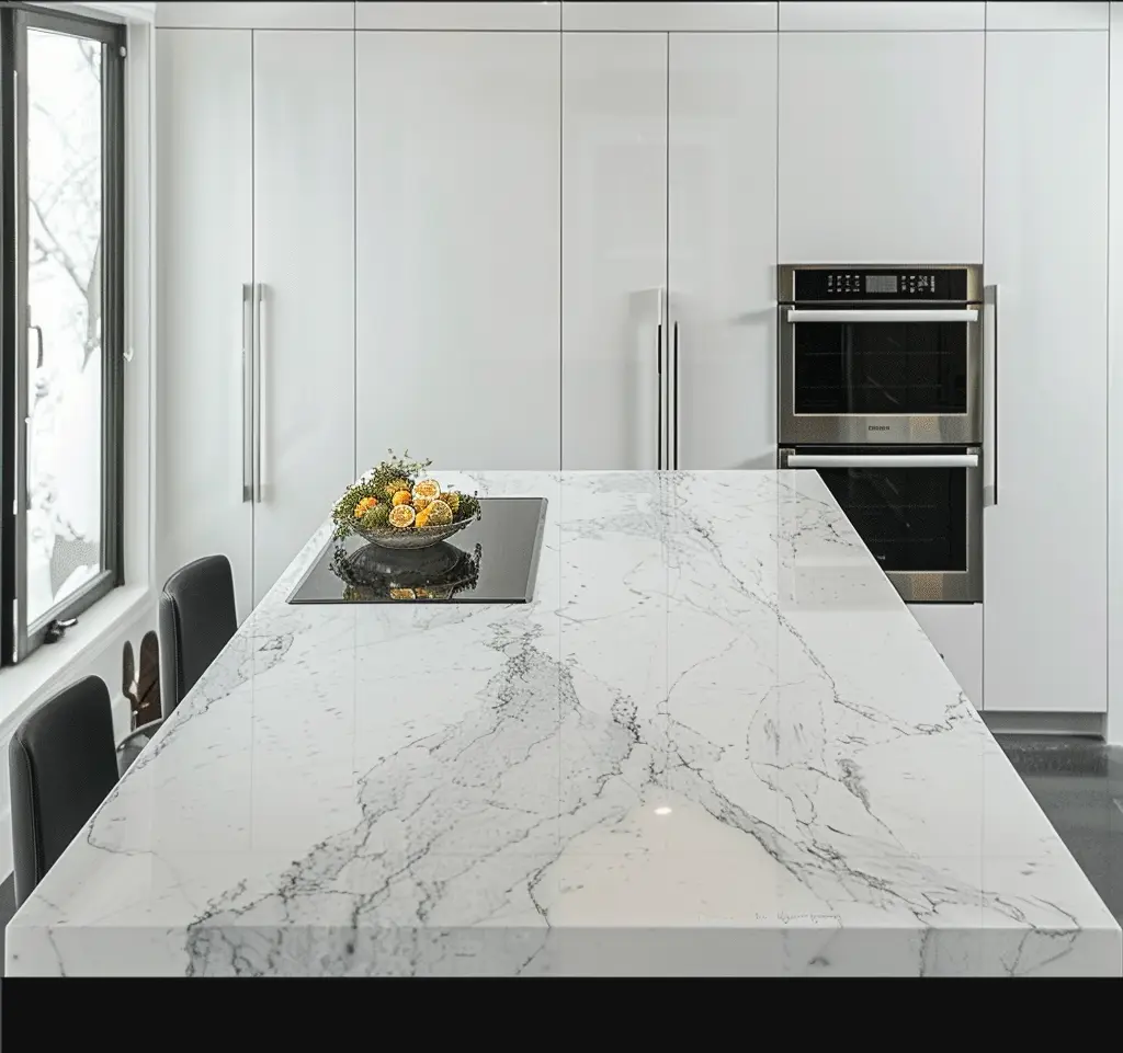 Modern kitchen with white porcelain countertops.