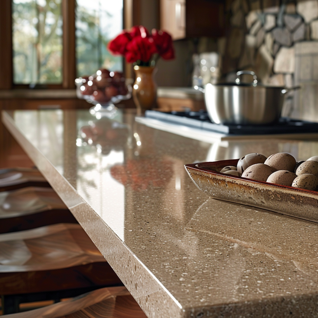 A sleek Silestone quartz countertop with a glossy finish in a home kitchen.