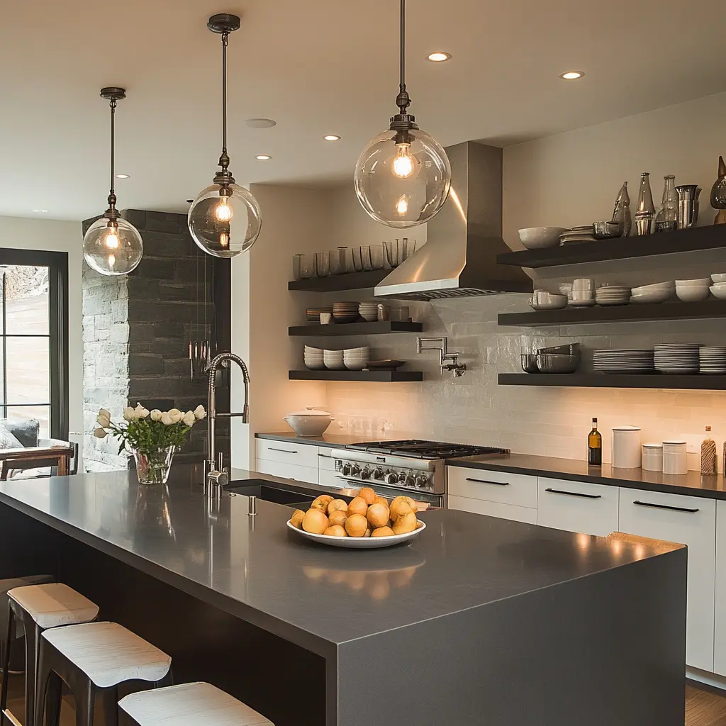 Modern kitchen with island, open shelving, and pendant lights.