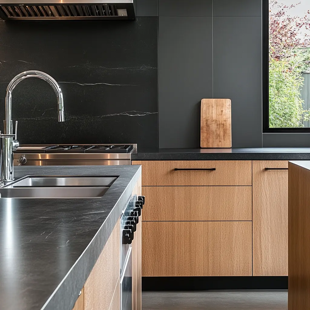 Modern kitchen with Virginia Mist honed granite countertops