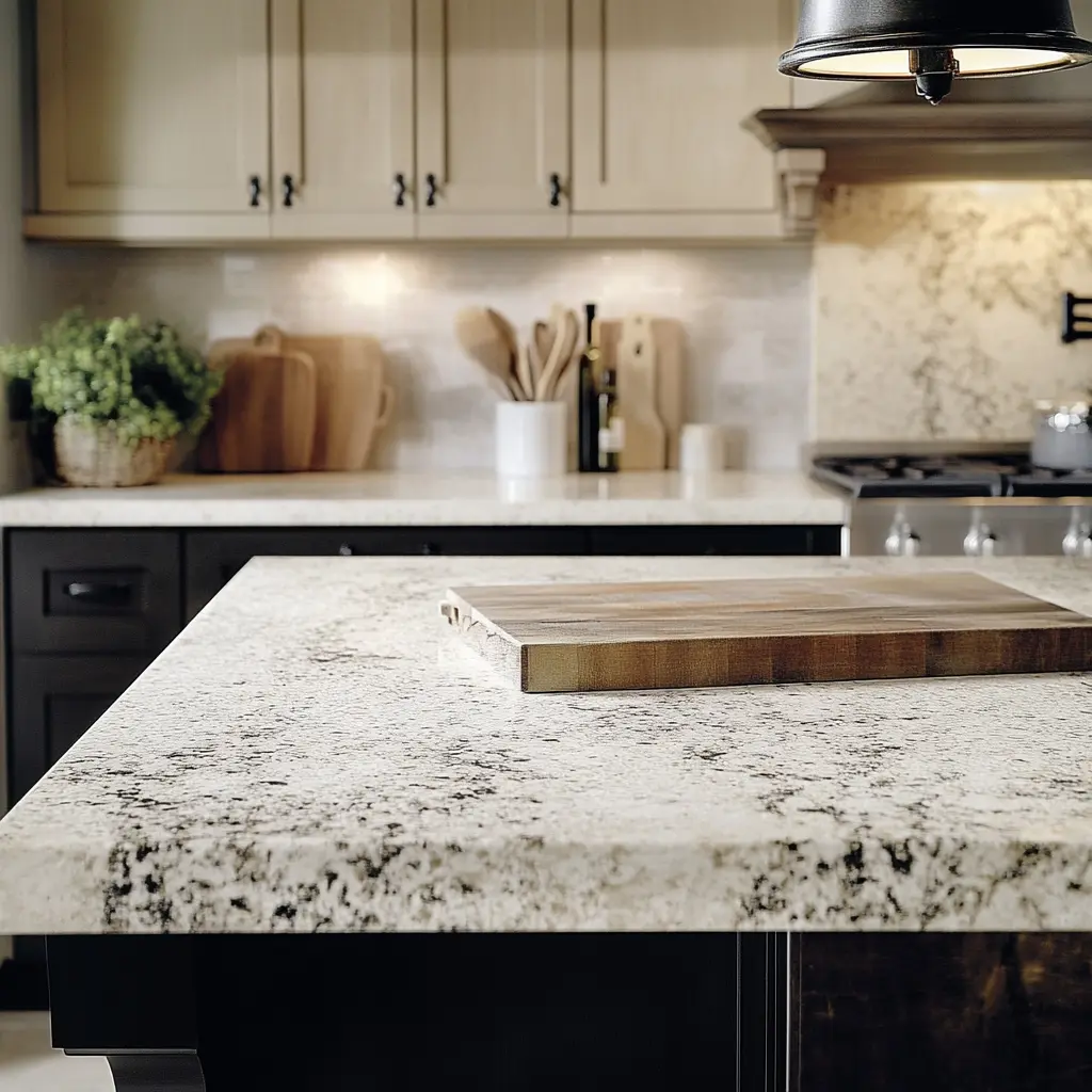 
White granite countertop with dark cabinetry and wooden decor