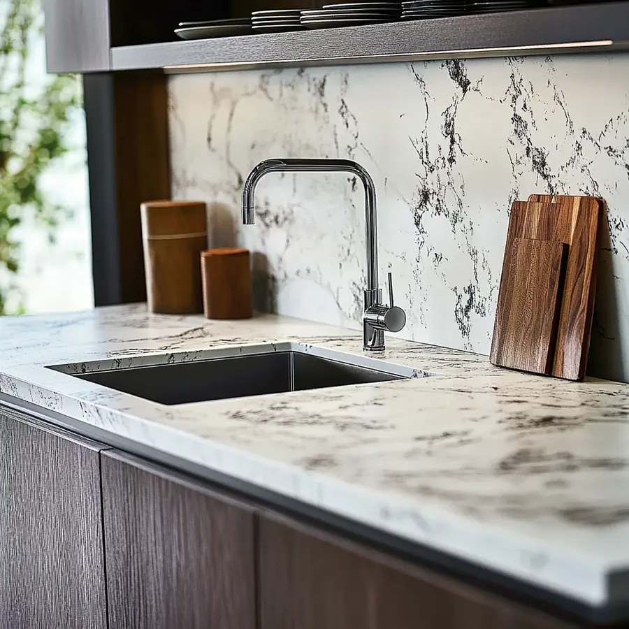 Modern kitchen with sleek countertop and integrated under-mount sink