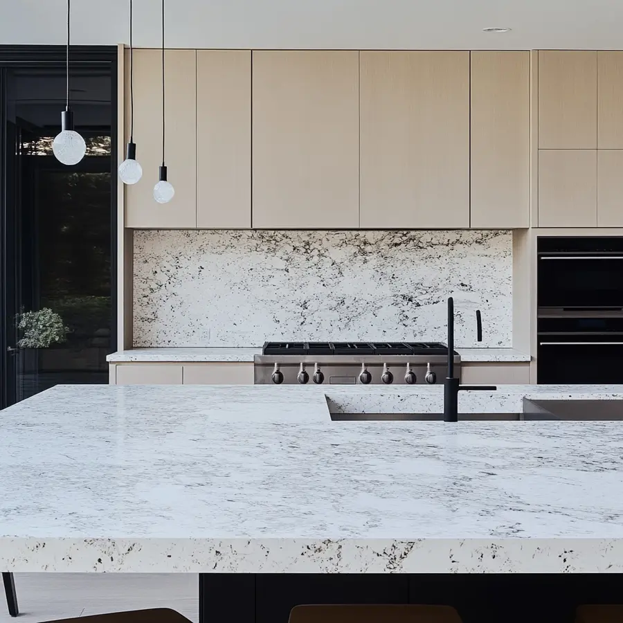 Minimalist kitchen with Bianco Romano granite countertops and modern cabinetry