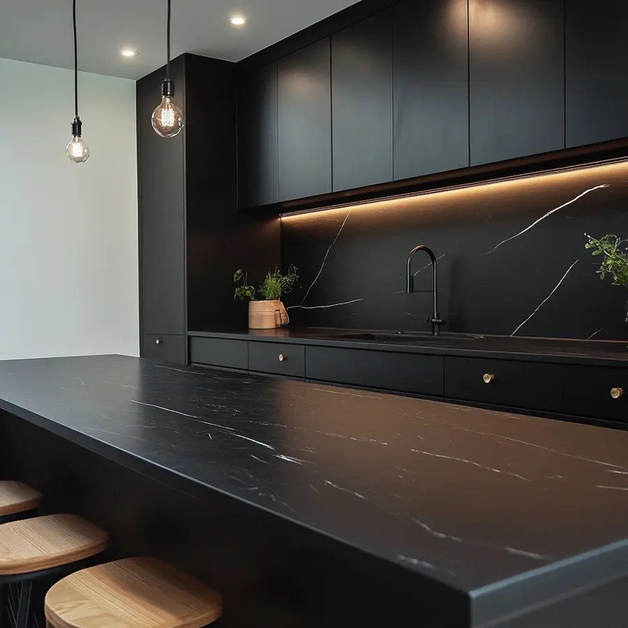 Modern black kitchen with soapstone countertops and warm lighting