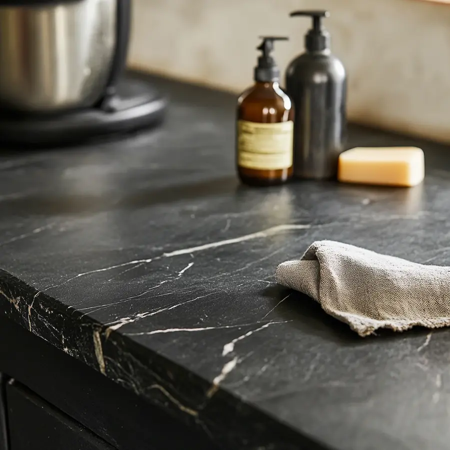 Close-up of black soapstone countertop with cleaning supplies