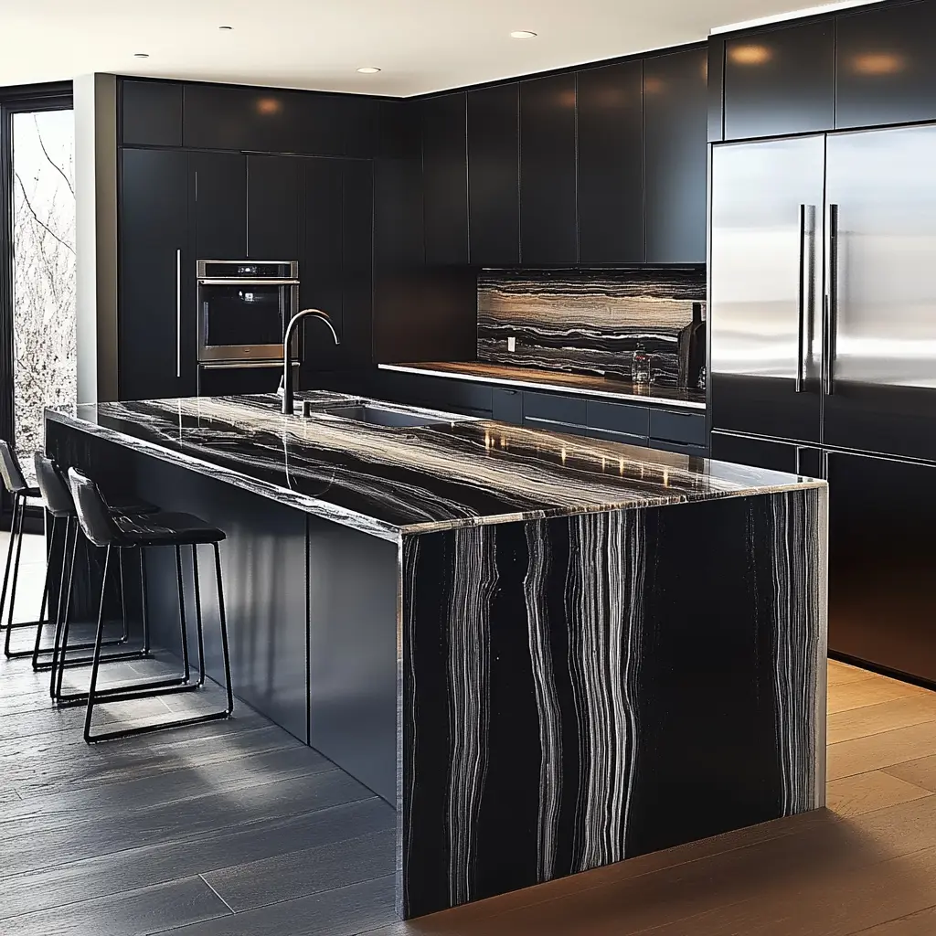 
Sleek kitchen with copacabana granite island and waterfall edge