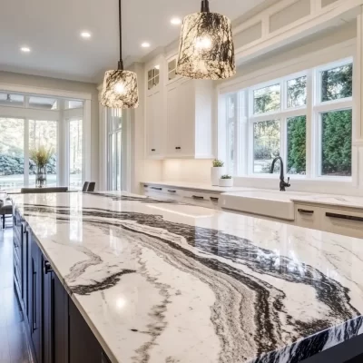 Modern kitchen with striking black-and-white granite countertop