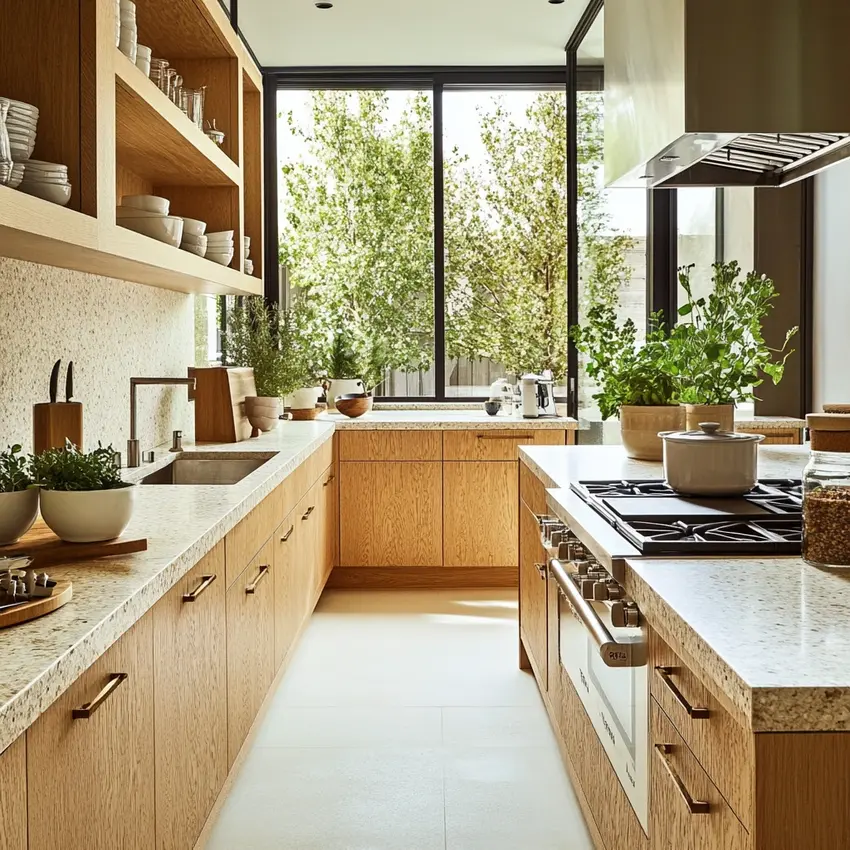 Modern kitchen with oak cabinets and neutral granite countertops