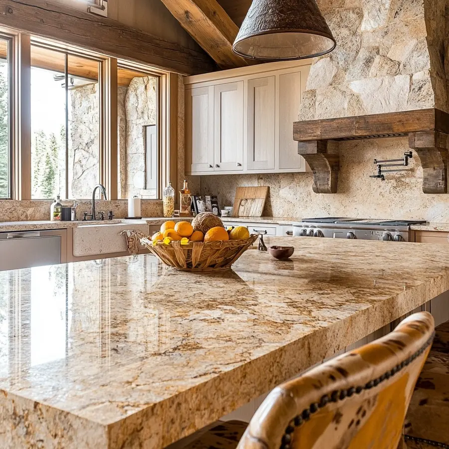 Rustic kitchen with granite countertops and warm wooden accents