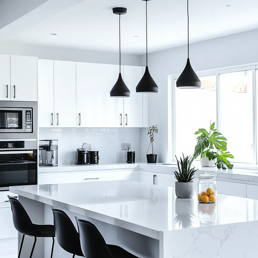 Bright kitchen with white cabinets and sleek granite countertops