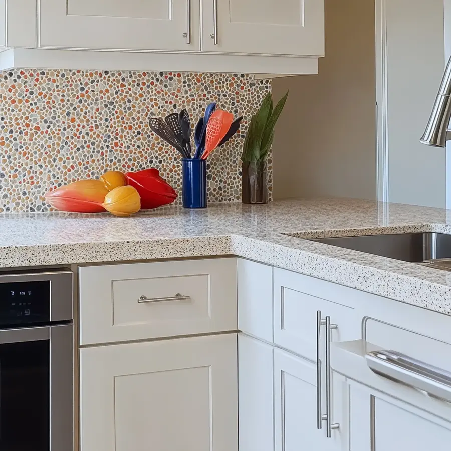 Bright kitchen with speckled granite countertop and colorful mosaic backsplash