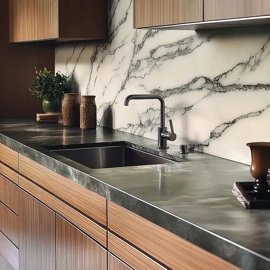 Modern kitchen with sleek countertop and minimalist wooden cabinetry