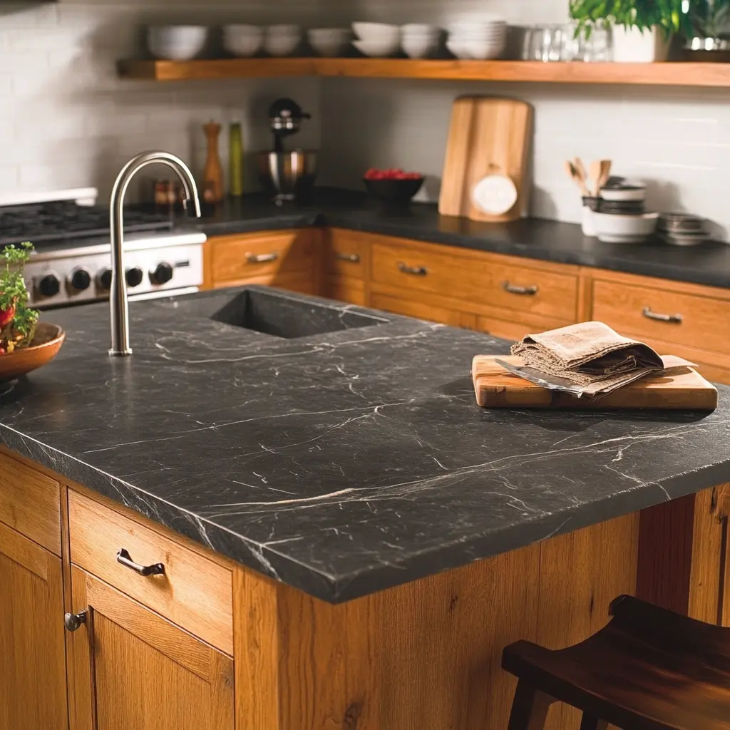 Rustic kitchen with soapstone countertop and wood cabinets