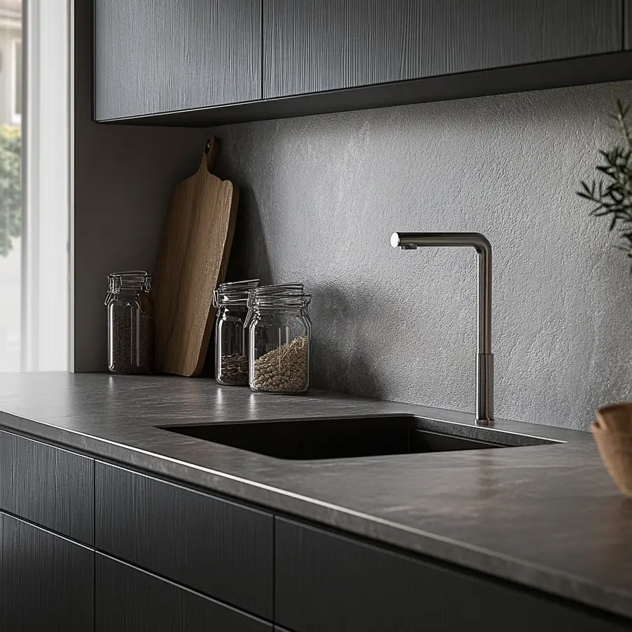 Minimalist kitchen with sleek countertop and modern faucet design