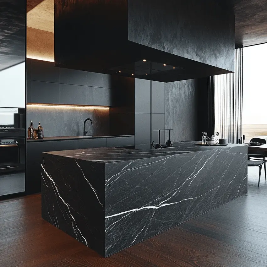 Modern kitchen with black soapstone waterfall island