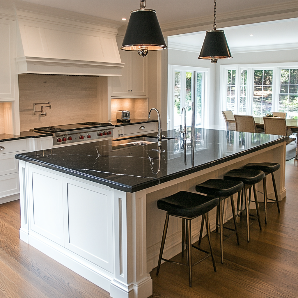 Luxury kitchen featuring black quartzite countertop island and white cabinetry