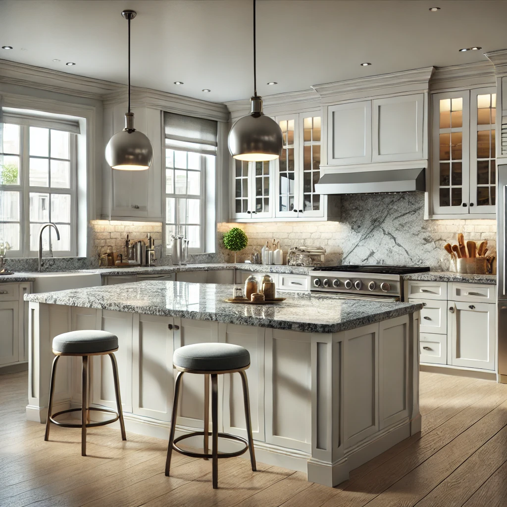 Elegant kitchen with granite countertops, white cabinetry, and stainless steel appliances