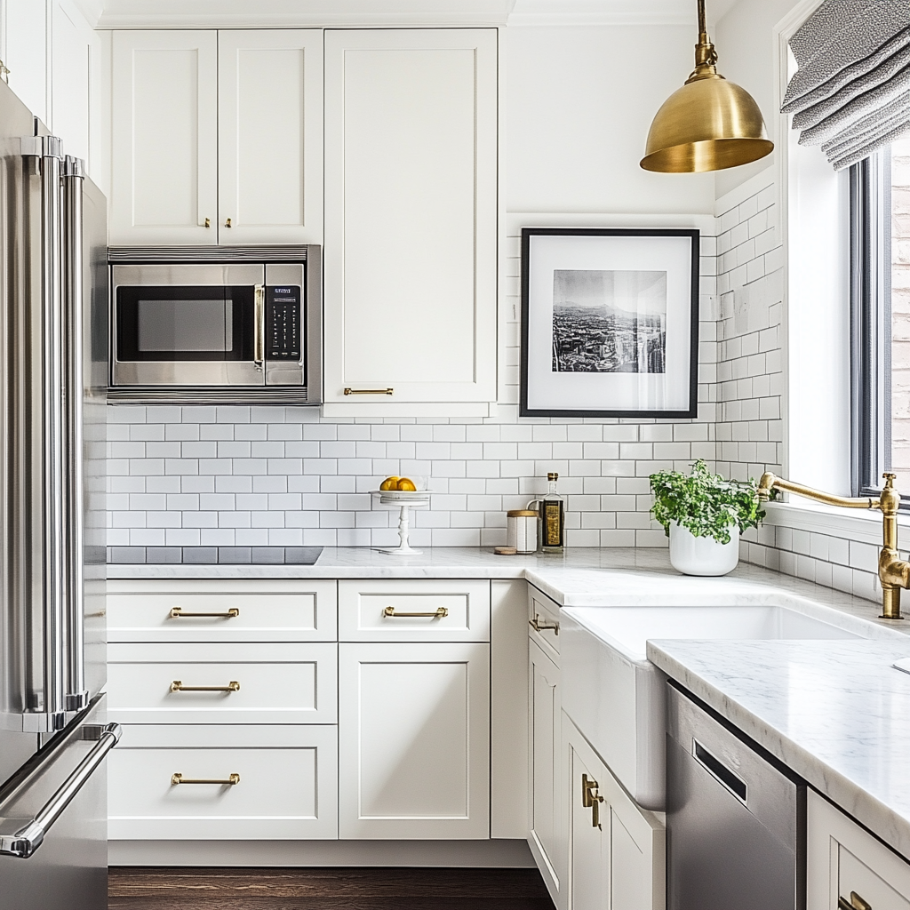 Bright kitchen with marble countertops, white cabinets, and brass accents