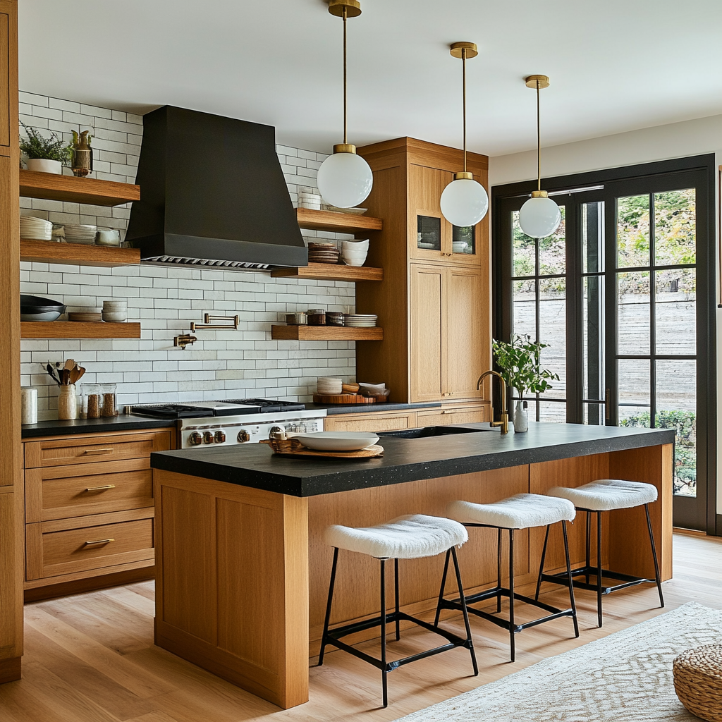 Contemporary kitchen with soapstone countertops, wood cabinets, and open shelving, best types of countertops